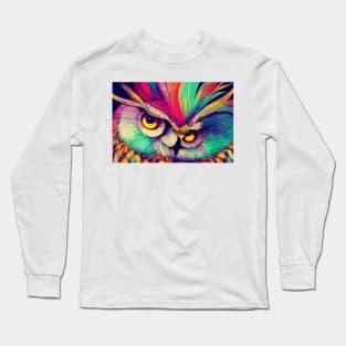 Colorful Abstract Owl Portrait Illustration - Bright Vibrant Colors Bohemian Style Feathers Psychedelic Bird Animal Rainbow Colored Art Long Sleeve T-Shirt